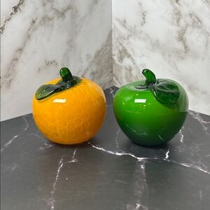 🍊🍏 Vintage Handblown Glass Fruit Set – Orange & Apple – Art Glass Decor